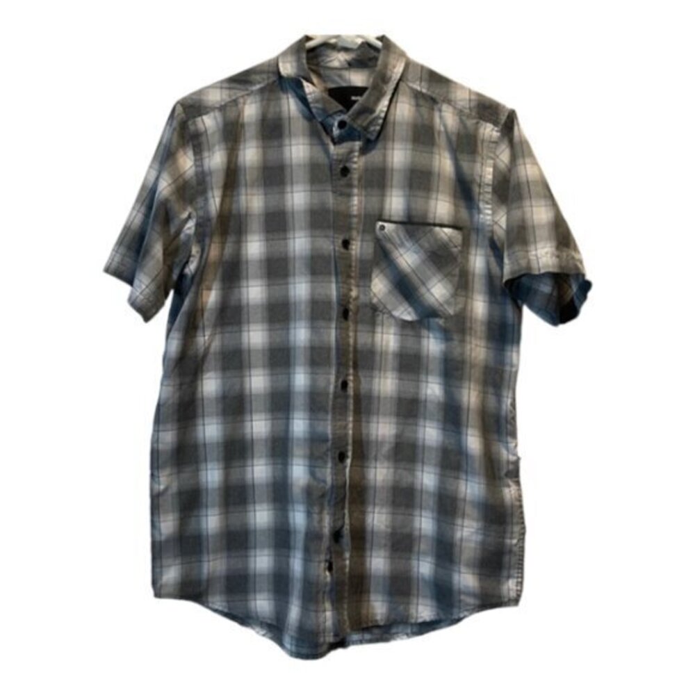 Hurley Gray Silver Plaid Button Down S/S Shirt Size Med EUC #4161